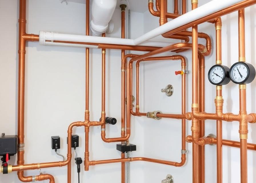 Industrieel leidingwerk in koper met manometers