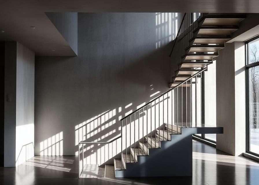 Moderne architecturale staaltrap in een minimalistisch interieur